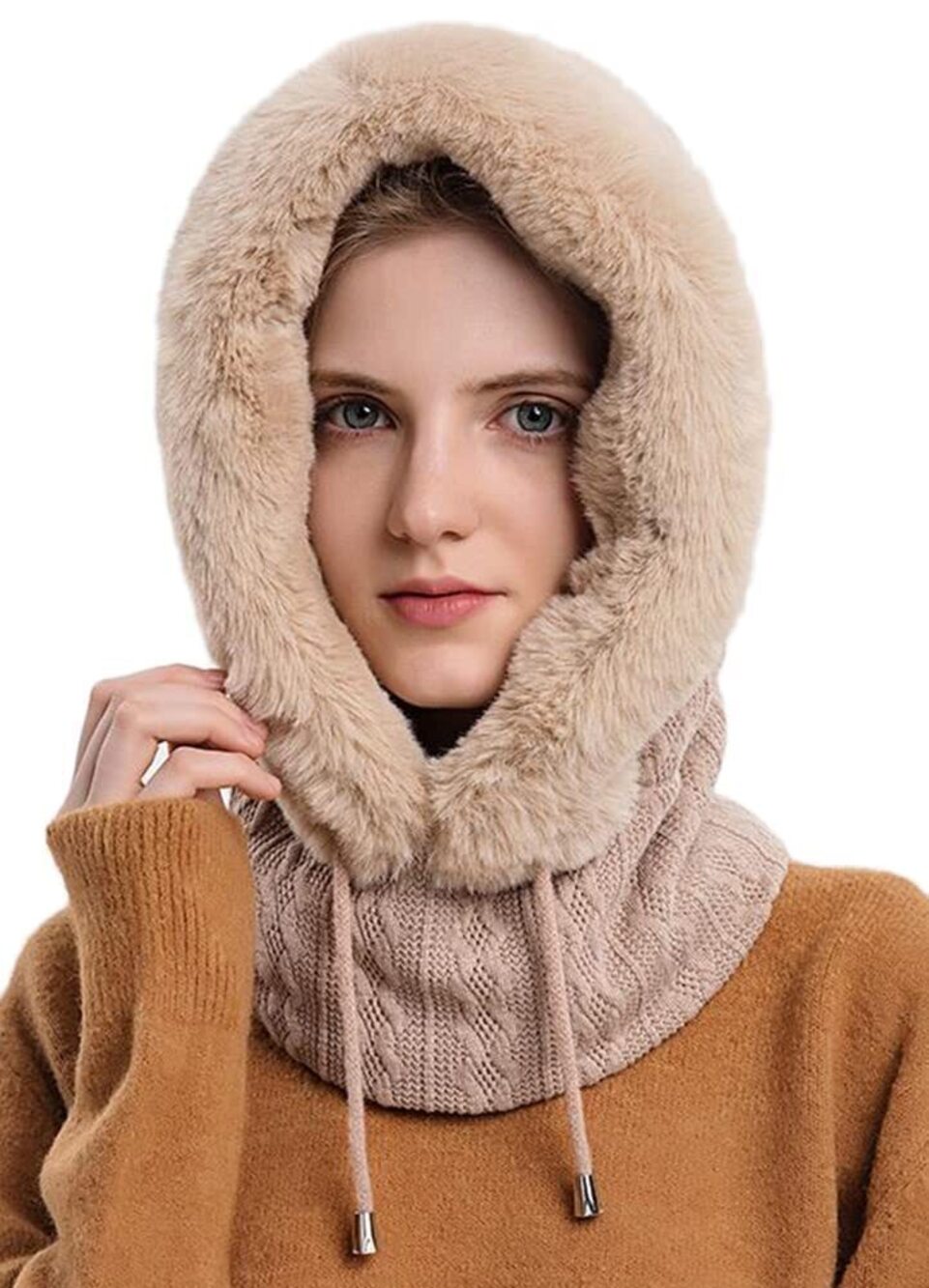 9513 One Piece Slouchy Fleece Beanie Hats Scarf Mask Drawstring Warm Hooded